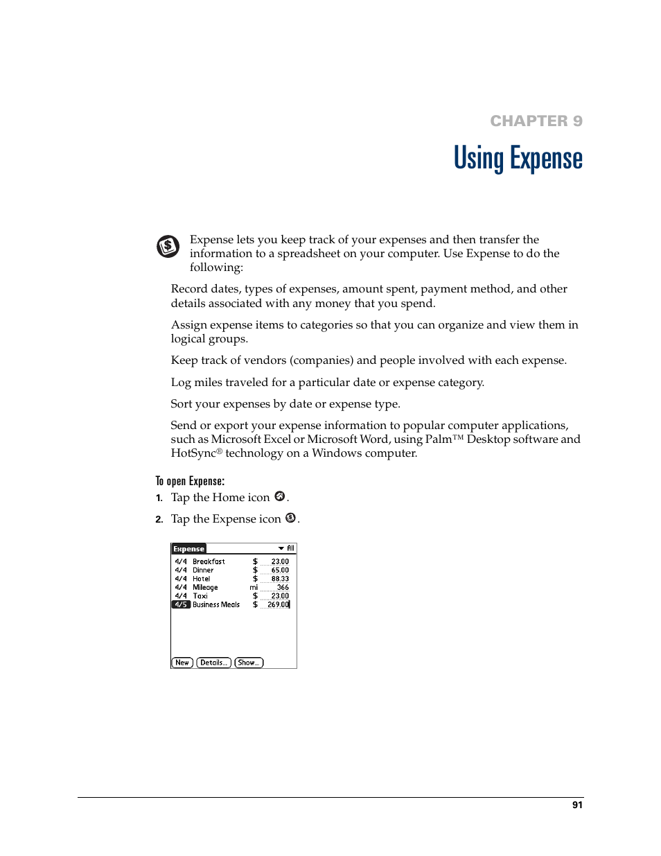 Using expense, To open expense, Chapter 9: using expense | Chapter 9 | Palm TM ZIRETM HANDHELD User Manual | Page 101 / 208