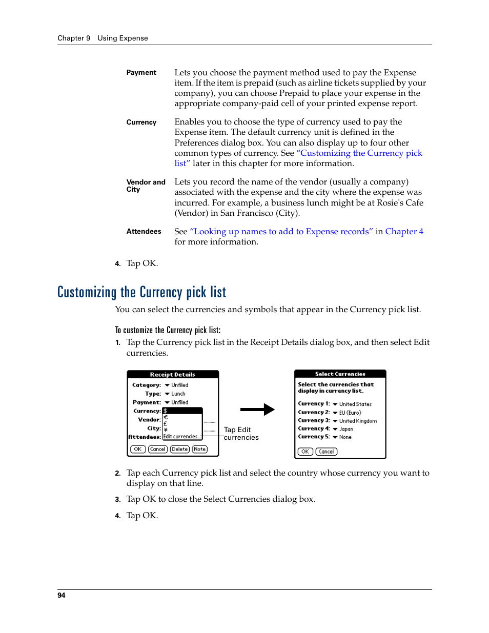 Customizing the currency pick list, To customize the currency pick list | Palm TM ZIRETM HANDHELD User Manual | Page 104 / 208