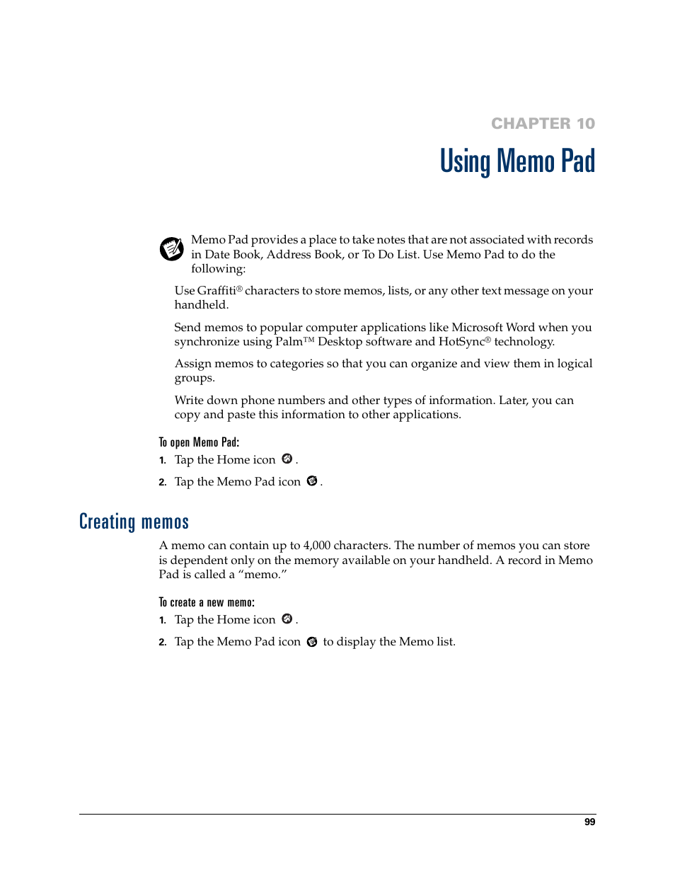 Using memo pad, To open memo pad, Creating memos | To create a new memo, Chapter 10: using memo pad, Chapter 10 | Palm TM ZIRETM HANDHELD User Manual | Page 109 / 208