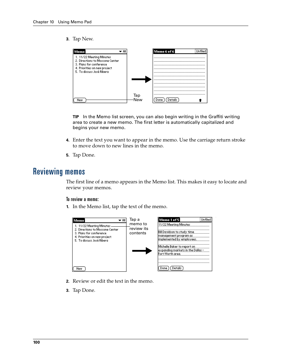 Reviewing memos, To review a memo | Palm TM ZIRETM HANDHELD User Manual | Page 110 / 208