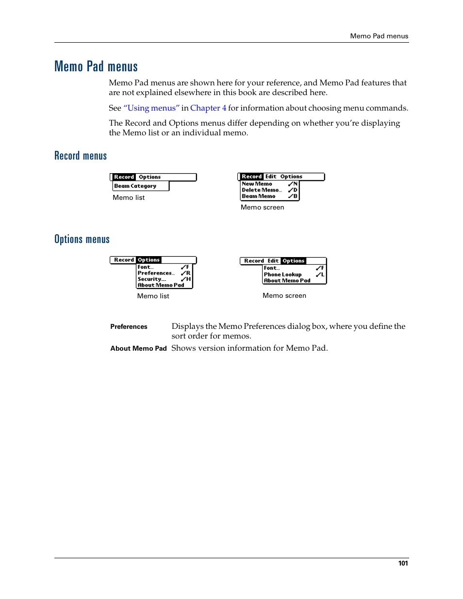 Memo pad menus, Record menus, Options menus | Record menus options menus | Palm TM ZIRETM HANDHELD User Manual | Page 111 / 208