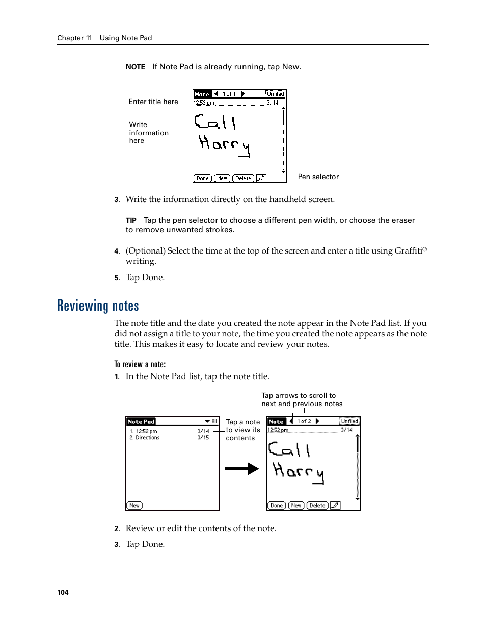 Reviewing notes, To review a note | Palm TM ZIRETM HANDHELD User Manual | Page 114 / 208