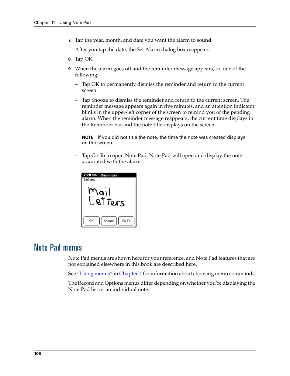 Note pad menus | Palm TM ZIRETM HANDHELD User Manual | Page 116 / 208