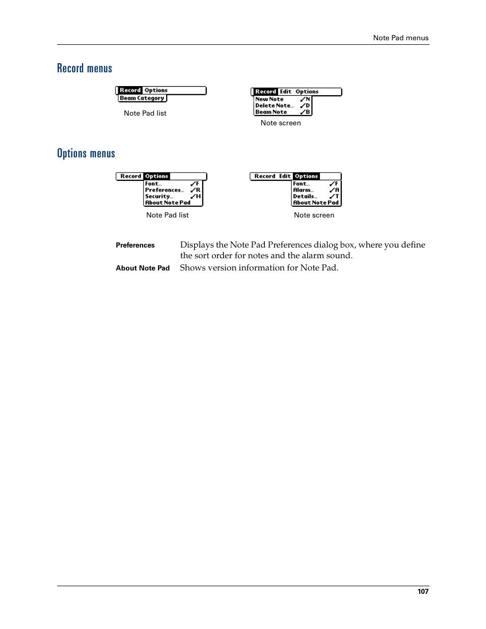 Record menus, Options menus, Record menus options menus | Palm TM ZIRETM HANDHELD User Manual | Page 117 / 208