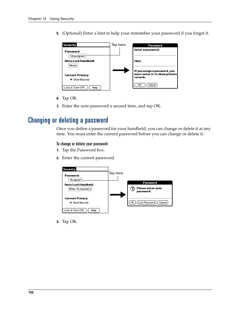 Changing or deleting a password, To change or delete your password | Palm TM ZIRETM HANDHELD User Manual | Page 120 / 208