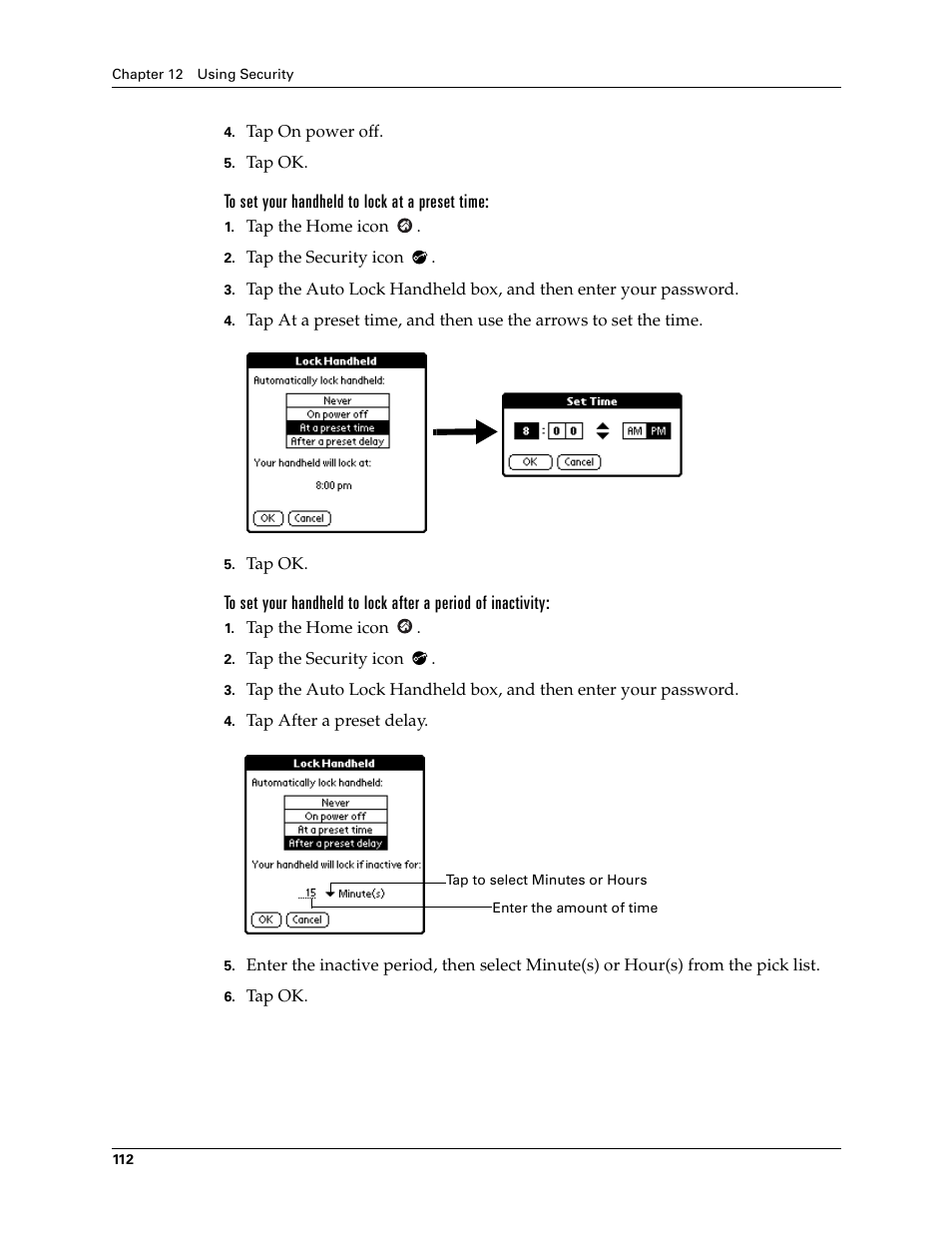 To set your handheld to lock at a preset time | Palm TM ZIRETM HANDHELD User Manual | Page 122 / 208