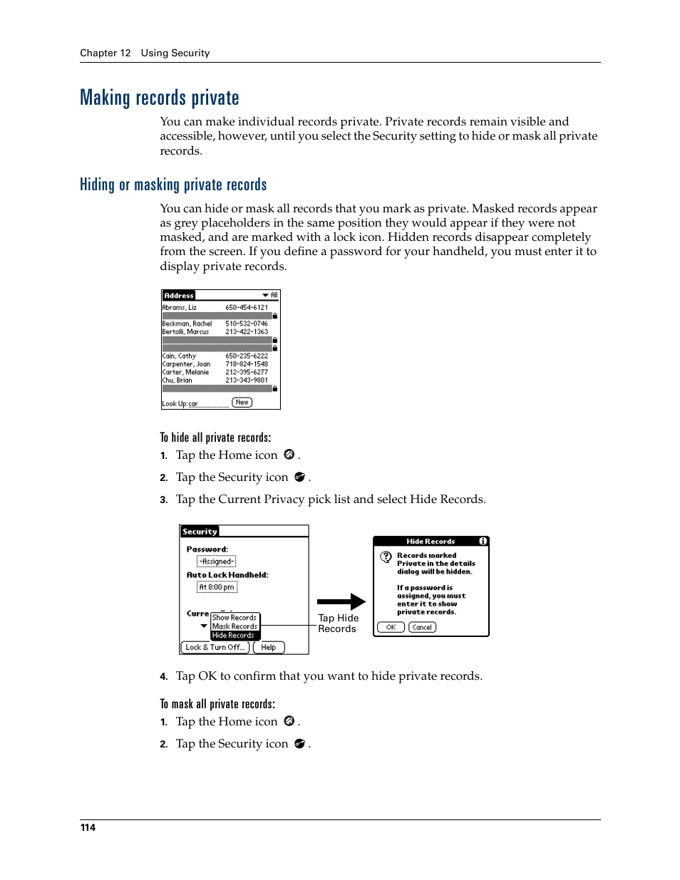 Making records private, Hiding or masking private records, To hide all private records | To mask all private records | Palm TM ZIRETM HANDHELD User Manual | Page 124 / 208