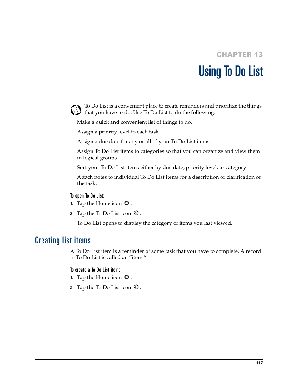 Using to do list, To open to do list, Creating list items | To create a to do list item, Chapter 13: using to do list, Chapter 13 | Palm TM ZIRETM HANDHELD User Manual | Page 127 / 208