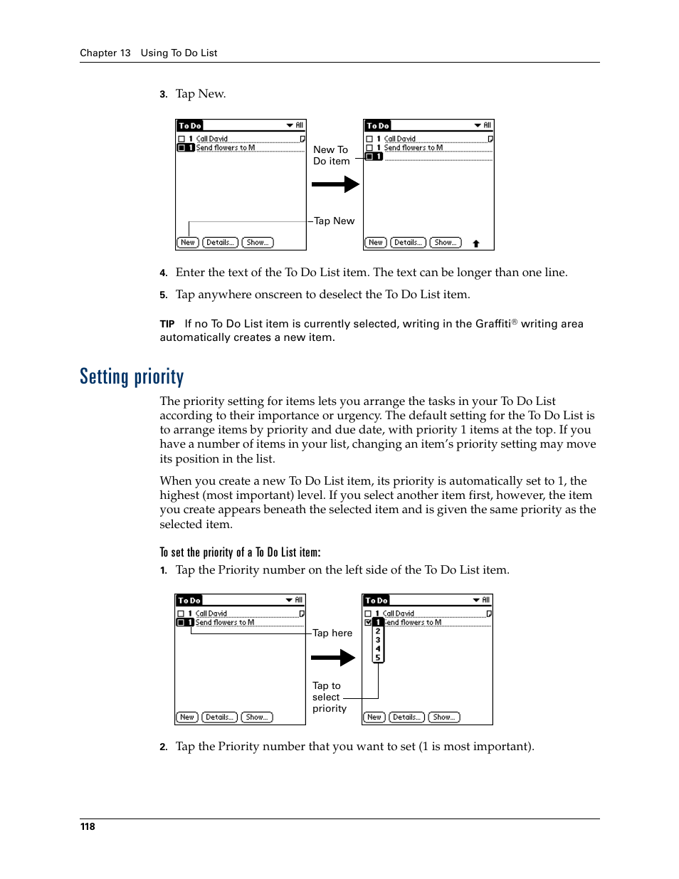 Setting priority, To set the priority of a to do list item | Palm TM ZIRETM HANDHELD User Manual | Page 128 / 208