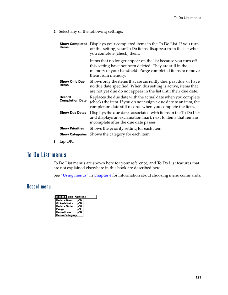 To do list menus, Record menu | Palm TM ZIRETM HANDHELD User Manual | Page 131 / 208