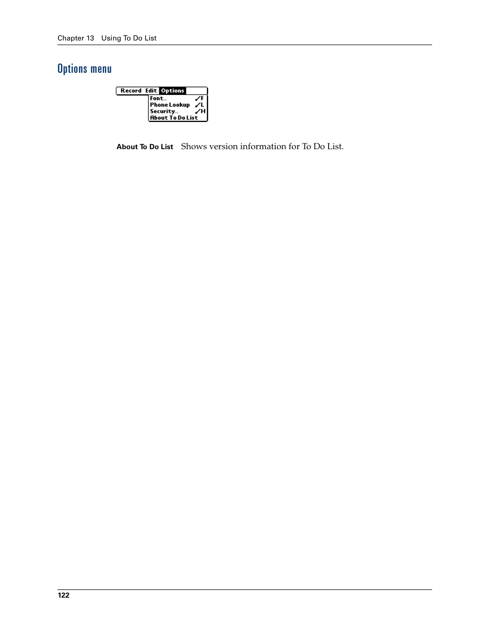 Options menu | Palm TM ZIRETM HANDHELD User Manual | Page 132 / 208