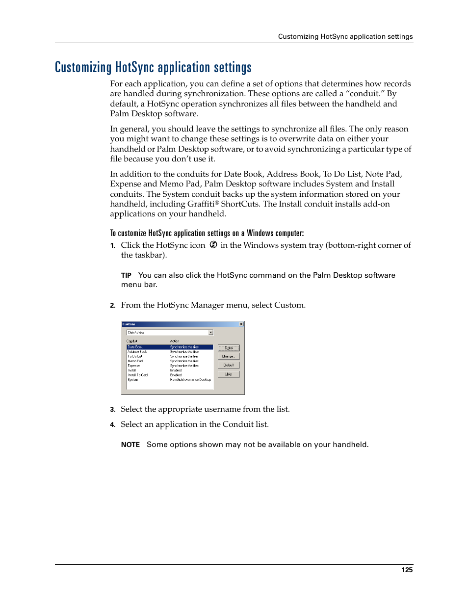 Customizing hotsync application settings | Palm TM ZIRETM HANDHELD User Manual | Page 135 / 208