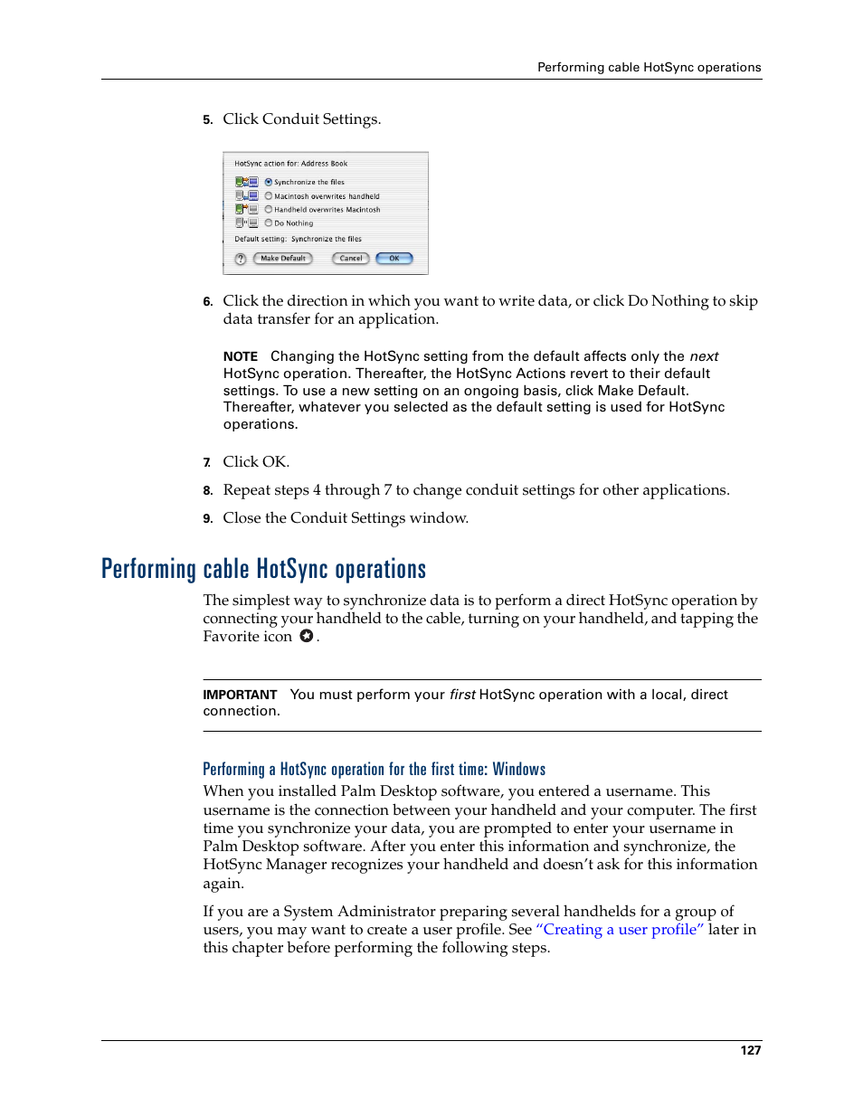Performing cable hotsync operations, Performing cable, Hotsync operations | Chapter 14 | Palm TM ZIRETM HANDHELD User Manual | Page 137 / 208