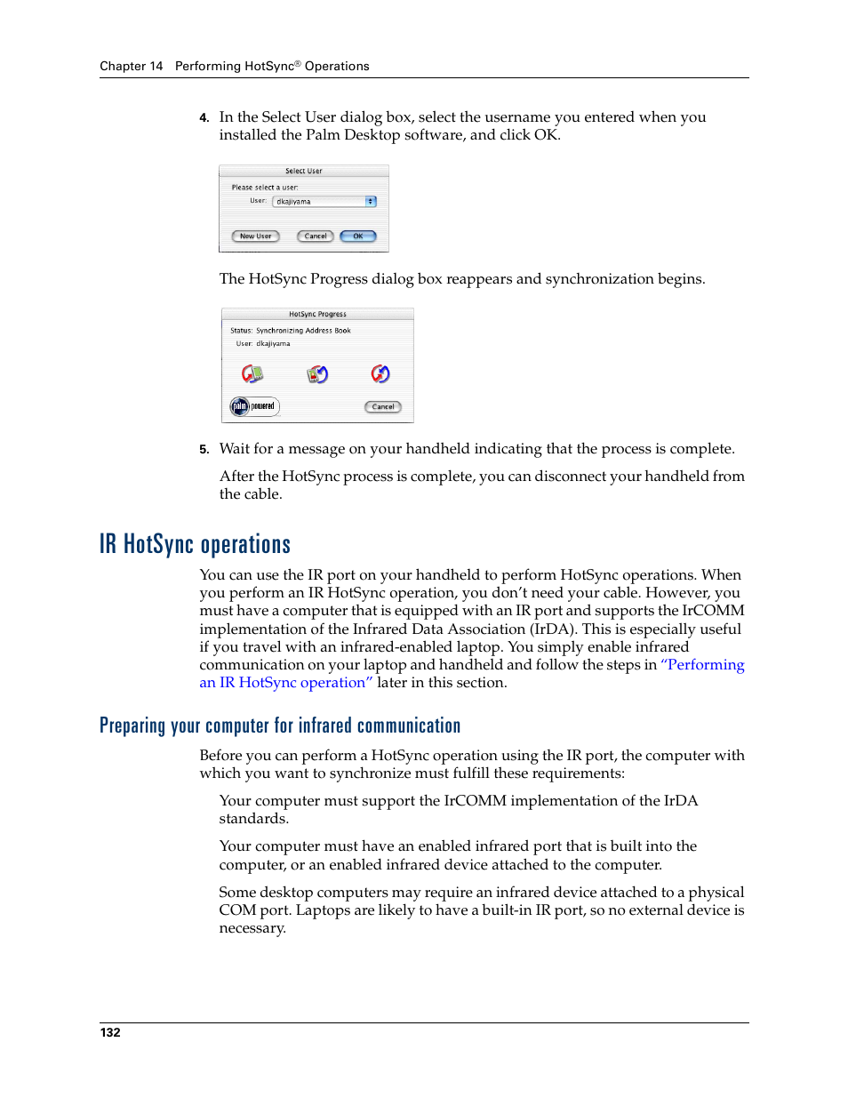 Ir hotsync operations, Preparing your computer for infrared communication, Hotsync operations | Chapter 14, Ir hotsync, Operations | Palm TM ZIRETM HANDHELD User Manual | Page 142 / 208