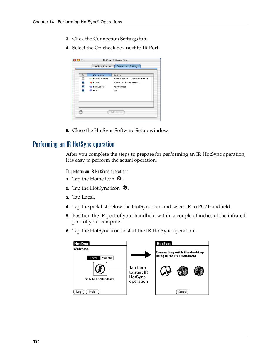 Performing an ir hotsync operation, To perform an ir hotsync operation | Palm TM ZIRETM HANDHELD User Manual | Page 144 / 208
