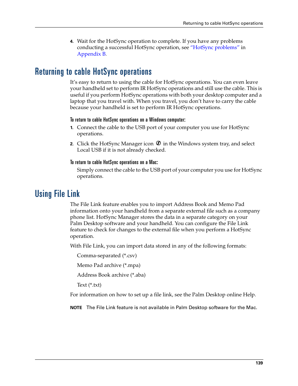 Returning to cable hotsync operations, To return to cable hotsync operations on a mac, Using file link | Palm TM ZIRETM HANDHELD User Manual | Page 149 / 208
