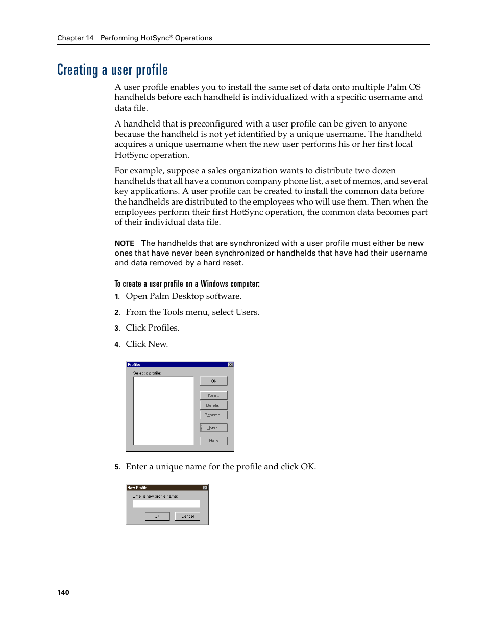 Creating a user profile, To create a user profile on a windows computer, E. see | Chapter 14 | Palm TM ZIRETM HANDHELD User Manual | Page 150 / 208