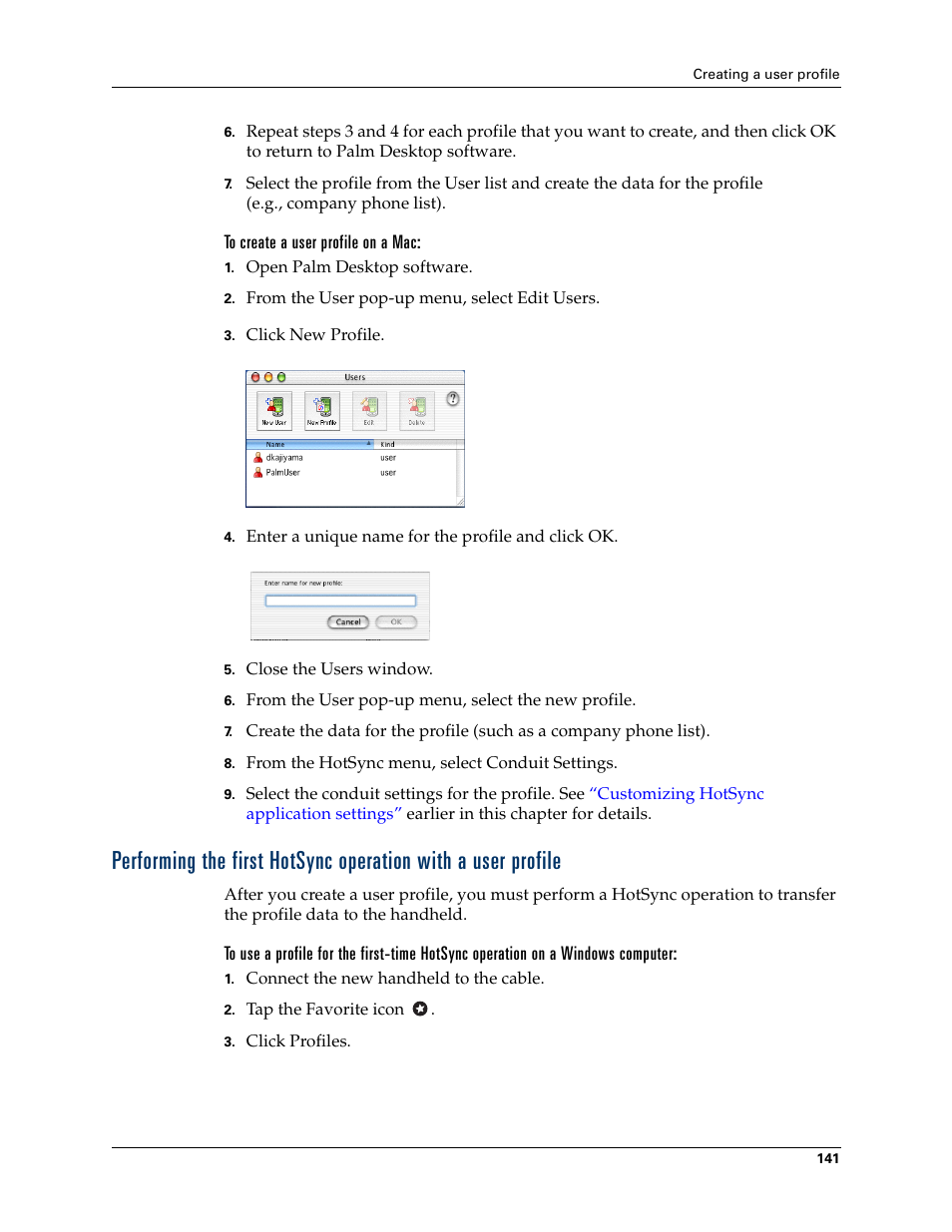 To create a user profile on a mac | Palm TM ZIRETM HANDHELD User Manual | Page 151 / 208