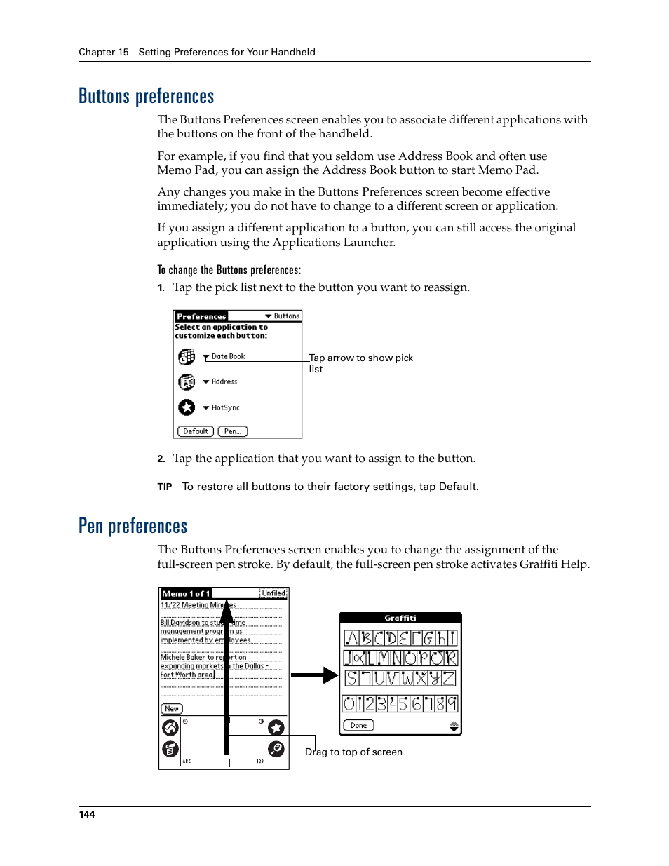 Buttons preferences, To change the buttons preferences, Pen preferences | Buttons preferences pen preferences, Chapter 15 | Palm TM ZIRETM HANDHELD User Manual | Page 154 / 208
