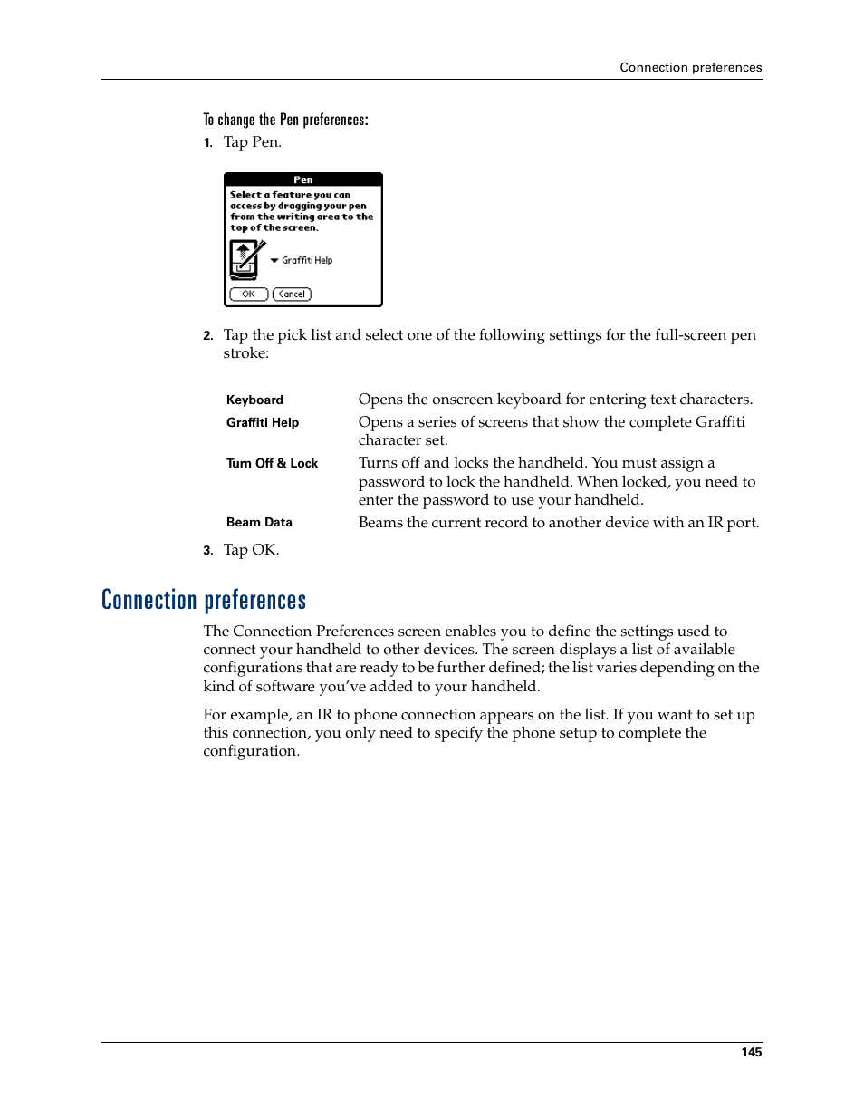 To change the pen preferences, Connection preferences, Chapter 15 | Palm TM ZIRETM HANDHELD User Manual | Page 155 / 208