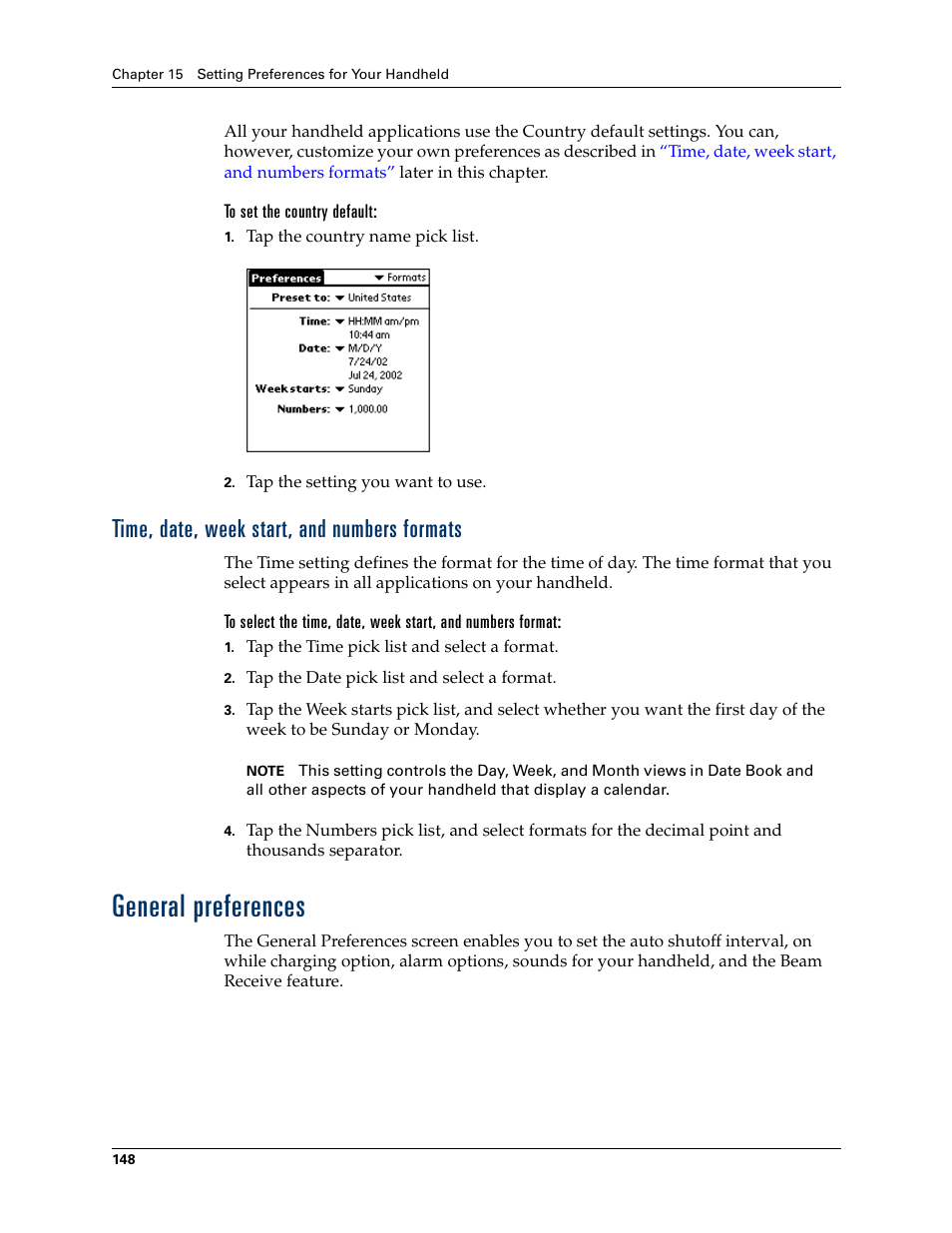 To set the country default, Time, date, week start, and numbers formats, General preferences | Beaming problems | Palm TM ZIRETM HANDHELD User Manual | Page 158 / 208
