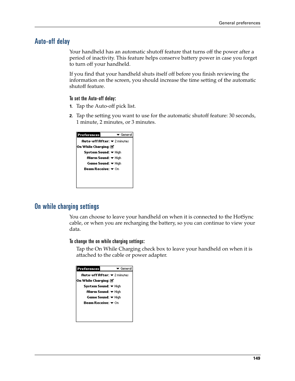 Auto-off delay, To set the auto-off delay, On while charging settings | To change the on while charging settings, Auto-off delay on while charging settings | Palm TM ZIRETM HANDHELD User Manual | Page 159 / 208