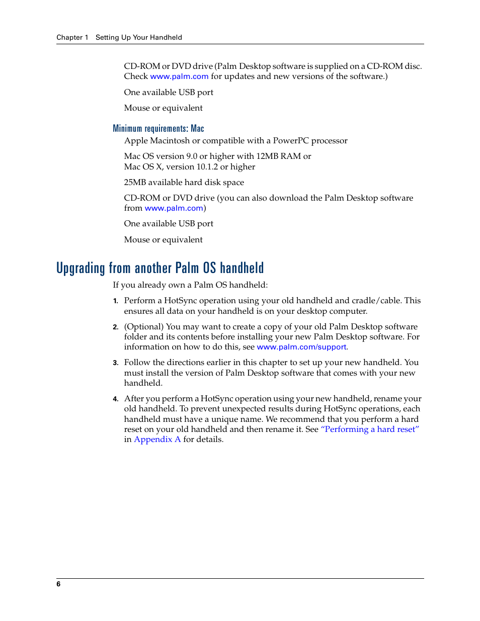 Minimum requirements: mac, Upgrading from another palm os handheld, Upgrading from | Another palm os handheld | Palm TM ZIRETM HANDHELD User Manual | Page 16 / 208