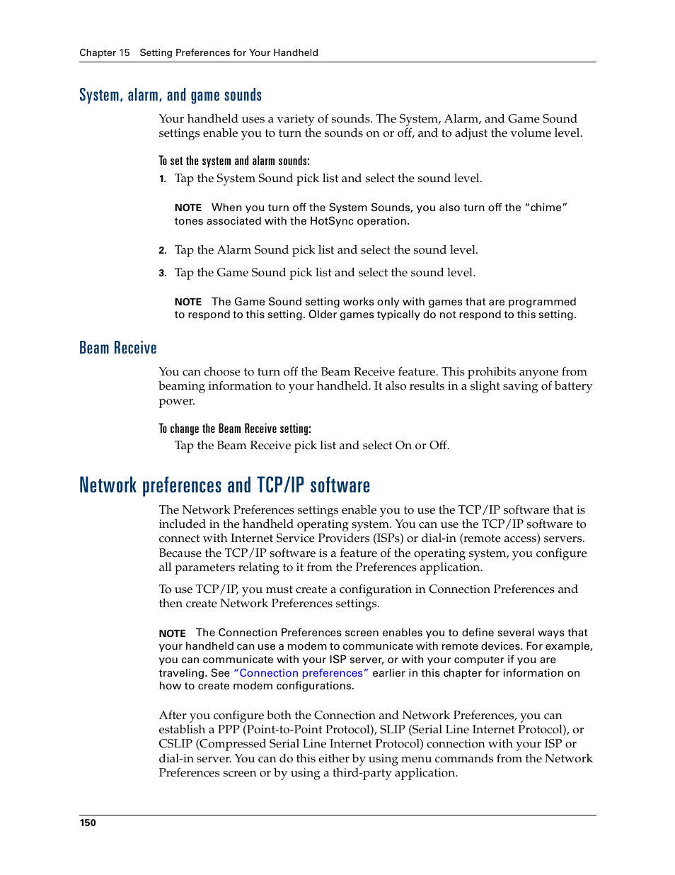 System, alarm, and game sounds, To set the system and alarm sounds, Beam receive | To change the beam receive setting, Network preferences and tcp/ip software, System, alarm, and game sounds beam receive | Palm TM ZIRETM HANDHELD User Manual | Page 160 / 208
