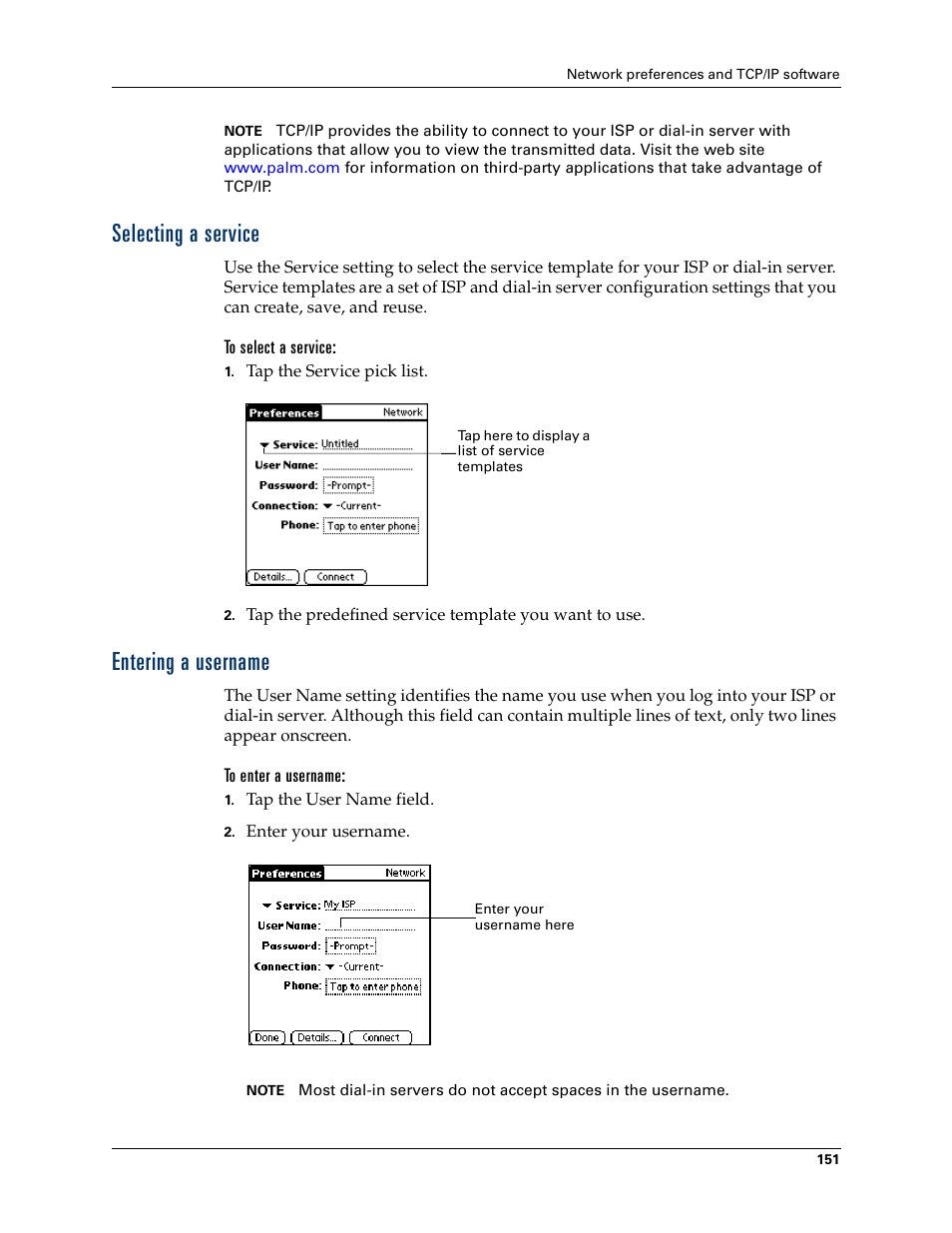 Selecting a service, To select a service, Entering a username | To enter a username, Selecting a service entering a username | Palm TM ZIRETM HANDHELD User Manual | Page 161 / 208