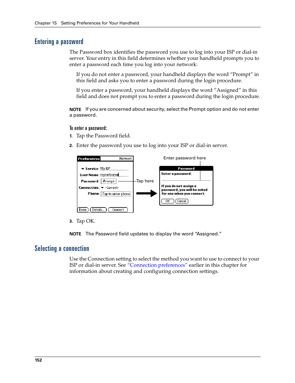 Entering a password, To enter a password, Selecting a connection | Entering a password selecting a connection | Palm TM ZIRETM HANDHELD User Manual | Page 162 / 208