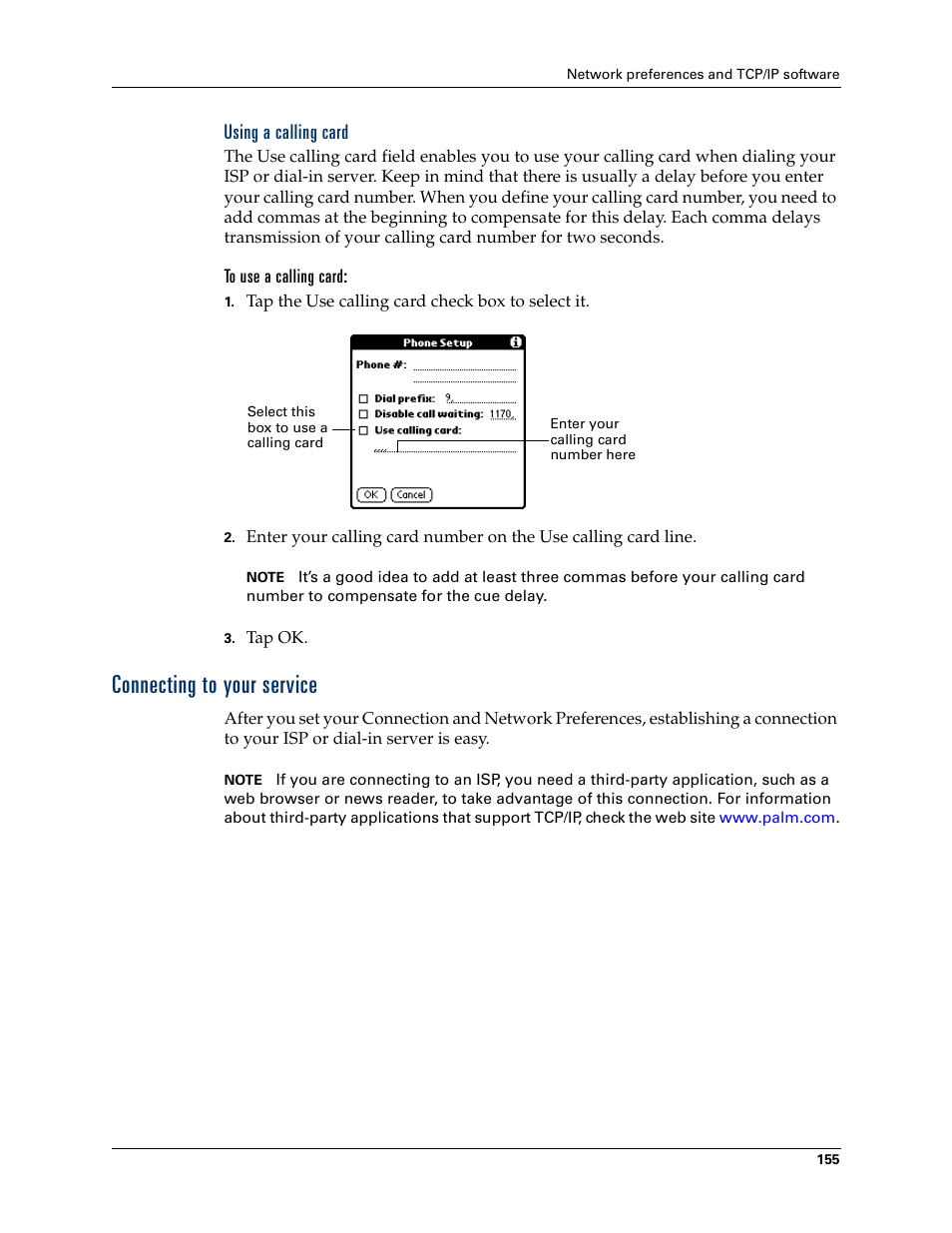 Using a calling card, To use a calling card, Connecting to your service | Palm TM ZIRETM HANDHELD User Manual | Page 165 / 208