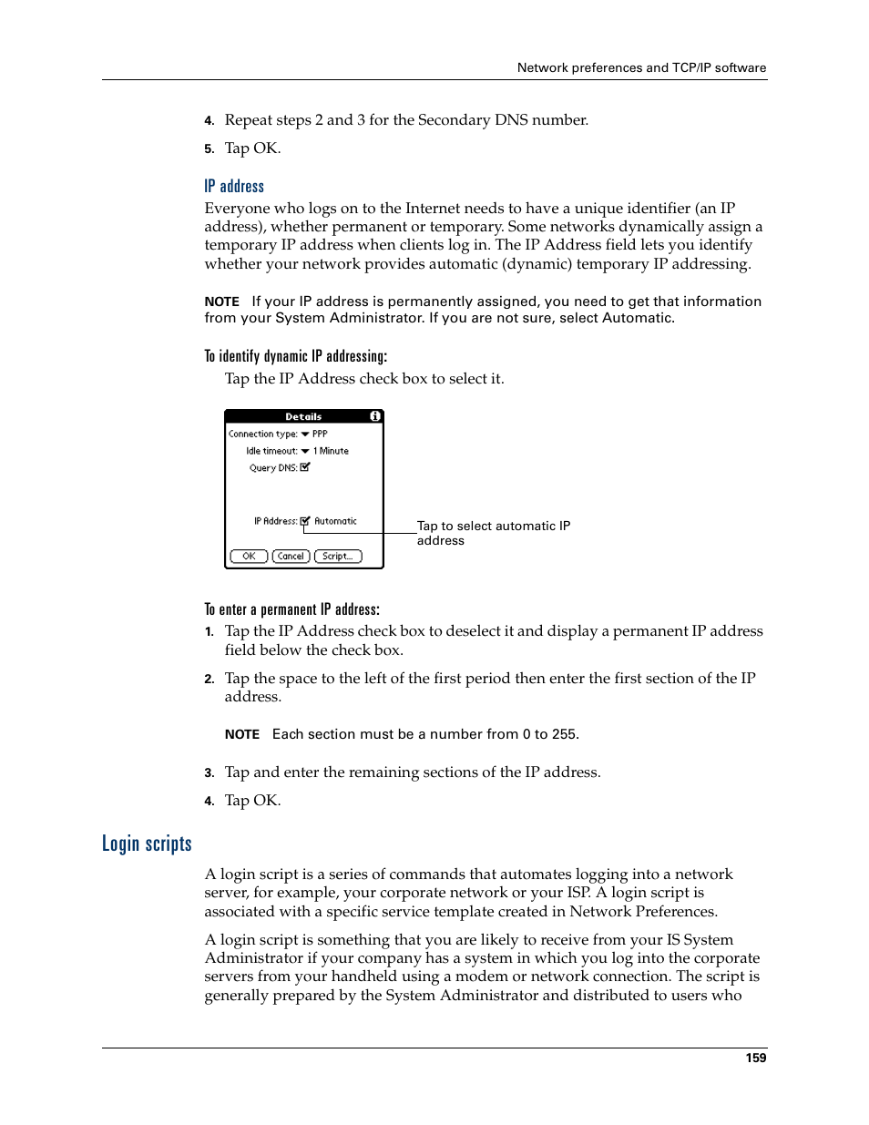 Ip address, To identify dynamic ip addressing, To enter a permanent ip address | Login scripts | Palm TM ZIRETM HANDHELD User Manual | Page 169 / 208
