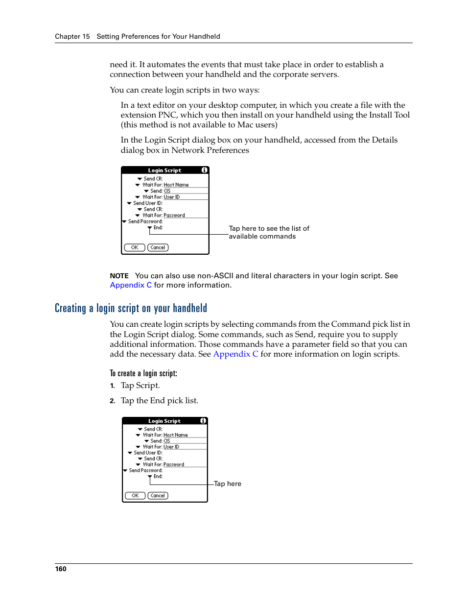 Creating a login script on your handheld, To create a login script | Palm TM ZIRETM HANDHELD User Manual | Page 170 / 208