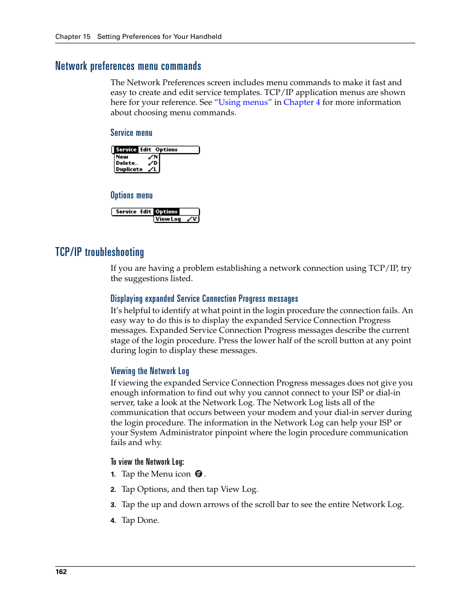 Network preferences menu commands, Service menu, Options menu | Tcp/ip troubleshooting, Viewing the network log, To view the network log | Palm TM ZIRETM HANDHELD User Manual | Page 172 / 208