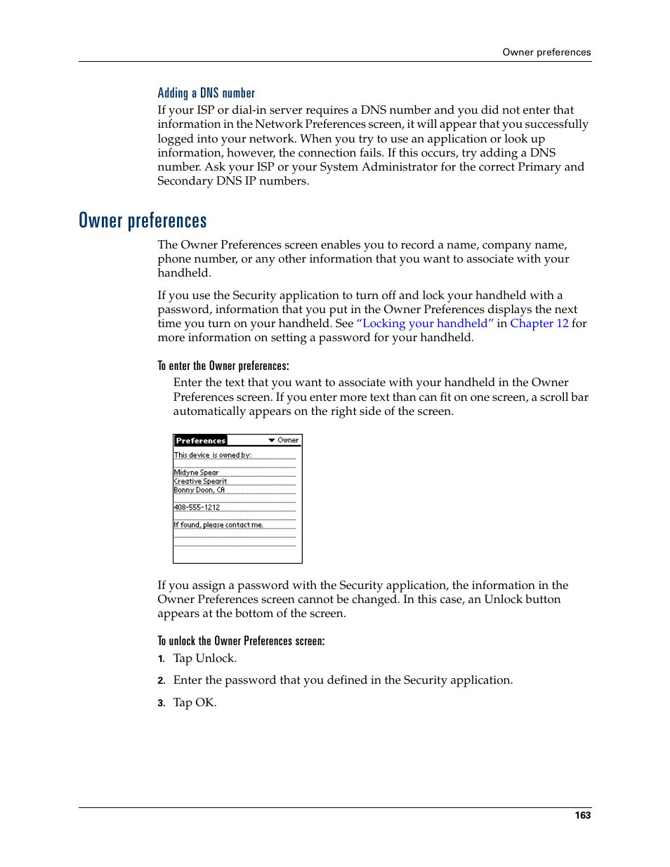 Adding a dns number, Owner preferences, To enter the owner preferences | To unlock the owner preferences screen | Palm TM ZIRETM HANDHELD User Manual | Page 173 / 208