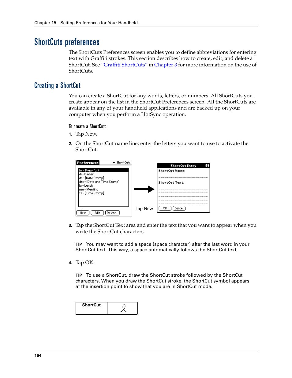 Shortcuts preferences, Creating a shortcut, To create a shortcut | Chapter 15 | Palm TM ZIRETM HANDHELD User Manual | Page 174 / 208