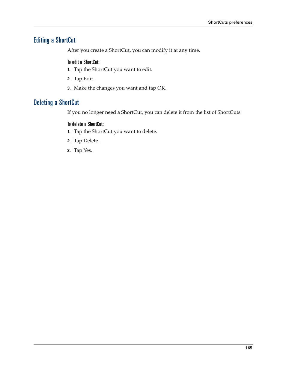 Editing a shortcut, To edit a shortcut, Deleting a shortcut | To delete a shortcut, Editing a shortcut deleting a shortcut | Palm TM ZIRETM HANDHELD User Manual | Page 175 / 208