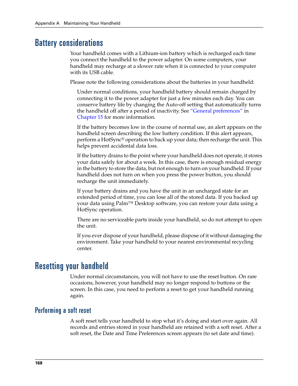 Battery considerations, Resetting your handheld, Performing a soft reset | Battery considerations resetting your handheld, Appendix a, Ation. see, Resetting, Your handheld | Palm TM ZIRETM HANDHELD User Manual | Page 178 / 208