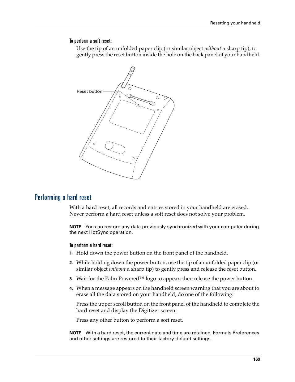 To perform a soft reset, Performing a hard reset, To perform a hard reset | Appendix a | Palm TM ZIRETM HANDHELD User Manual | Page 179 / 208