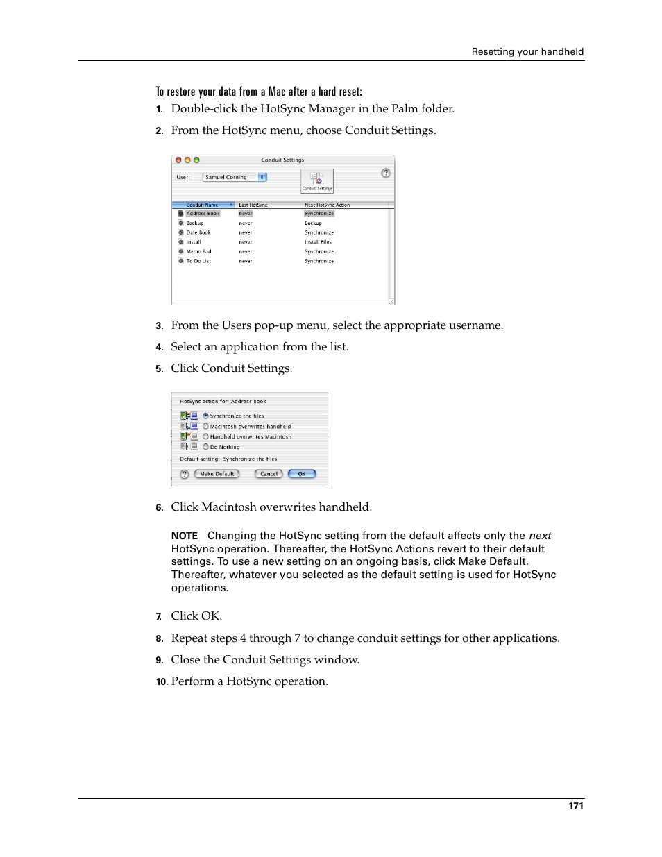 To restore your data from a mac after a hard reset | Palm TM ZIRETM HANDHELD User Manual | Page 181 / 208