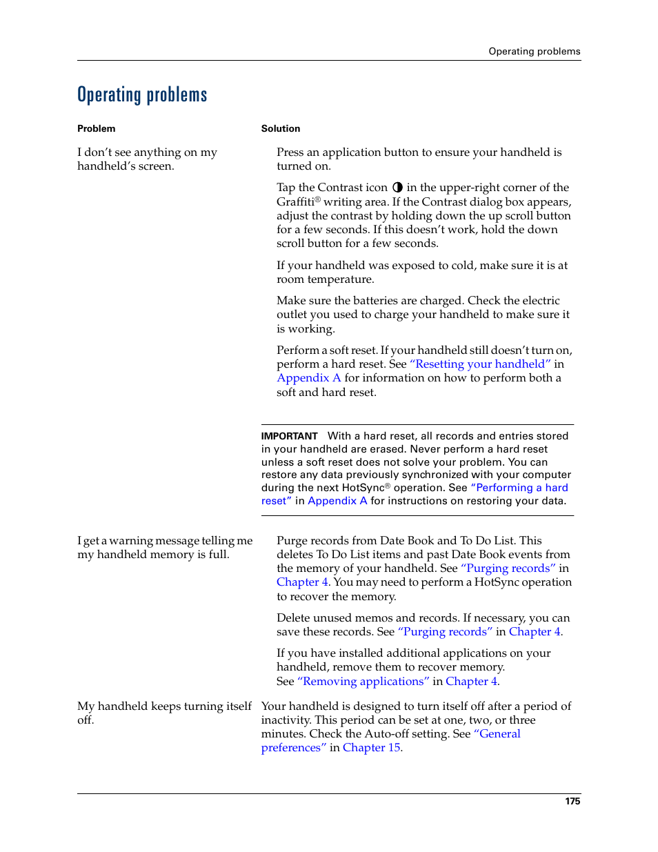 Operating problems | Palm TM ZIRETM HANDHELD User Manual | Page 185 / 208
