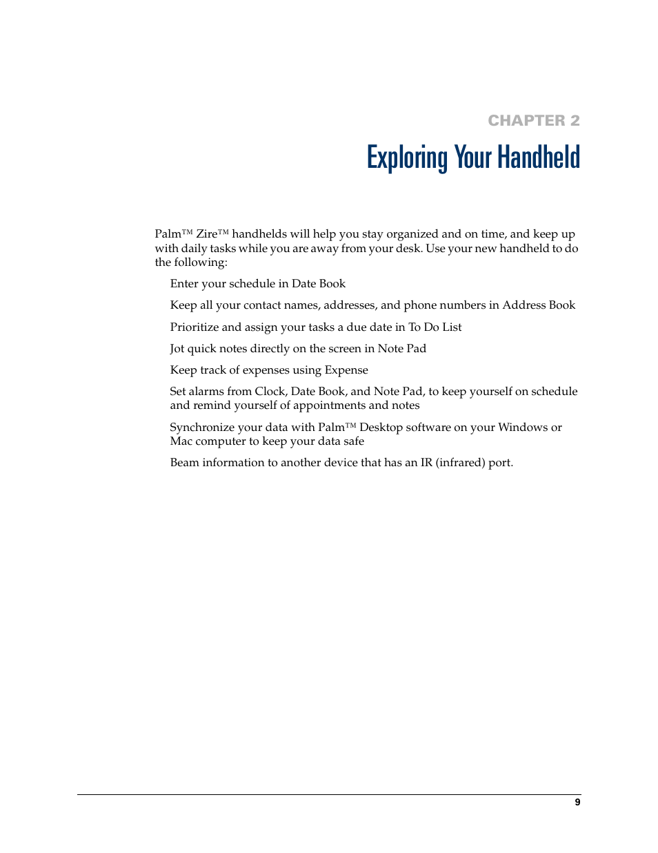 Exploring your handheld, Chapter 2: exploring your handheld, Chapter 2 | Palm TM ZIRETM HANDHELD User Manual | Page 19 / 208