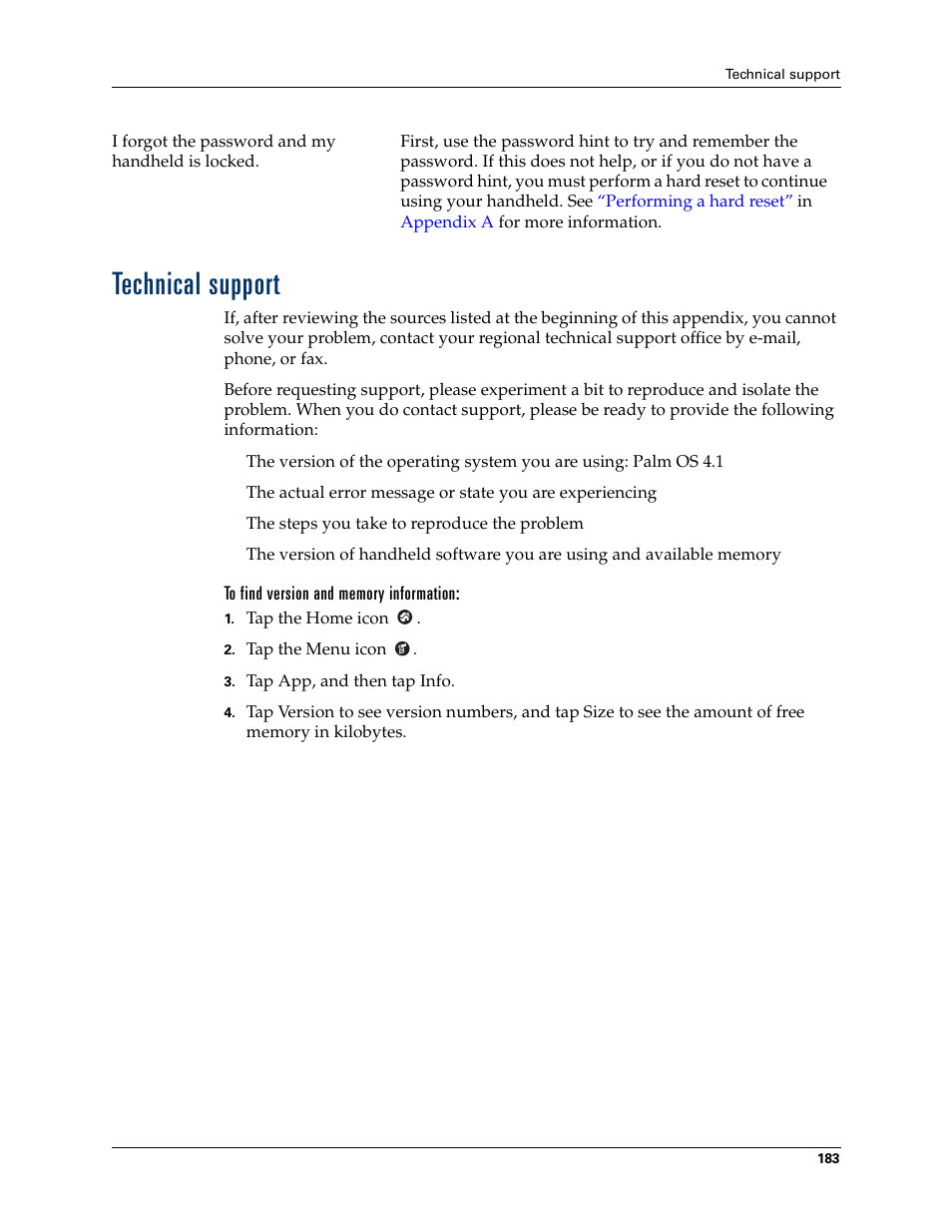 Technical support, To find version and memory information | Palm TM ZIRETM HANDHELD User Manual | Page 193 / 208
