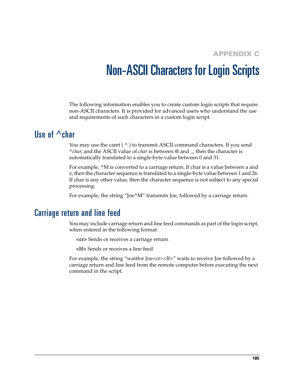 Non-ascii characters forloginscripts, Use of ^char, Carriage return and line feed | Appendix c: non-ascii characters for login scripts, Use of ^char carriage return and line feed, Non-ascii characters for login scripts | Palm TM ZIRETM HANDHELD User Manual | Page 195 / 208