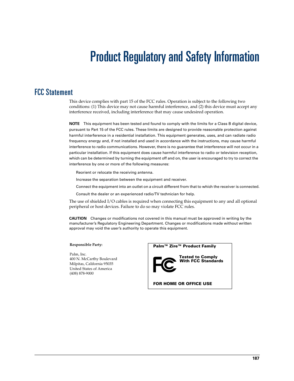 Product regulatory and safety information, Fcc statement | Palm TM ZIRETM HANDHELD User Manual | Page 197 / 208