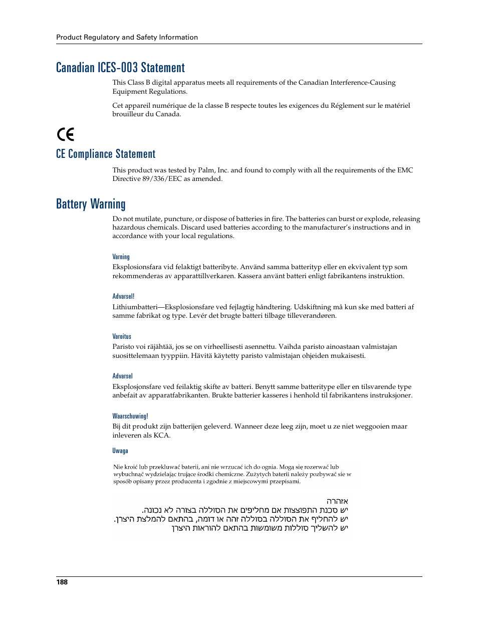 Varning, Advarsel, Varoitus | Waarschuwing, Uwaga, Canadian ices-003 statement, Battery warning, Ce compliance statement | Palm TM ZIRETM HANDHELD User Manual | Page 198 / 208