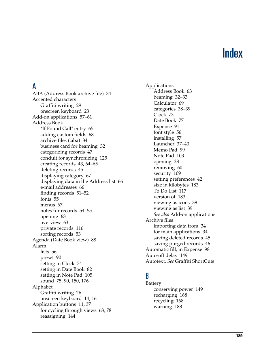 Index | Palm TM ZIRETM HANDHELD User Manual | Page 199 / 208