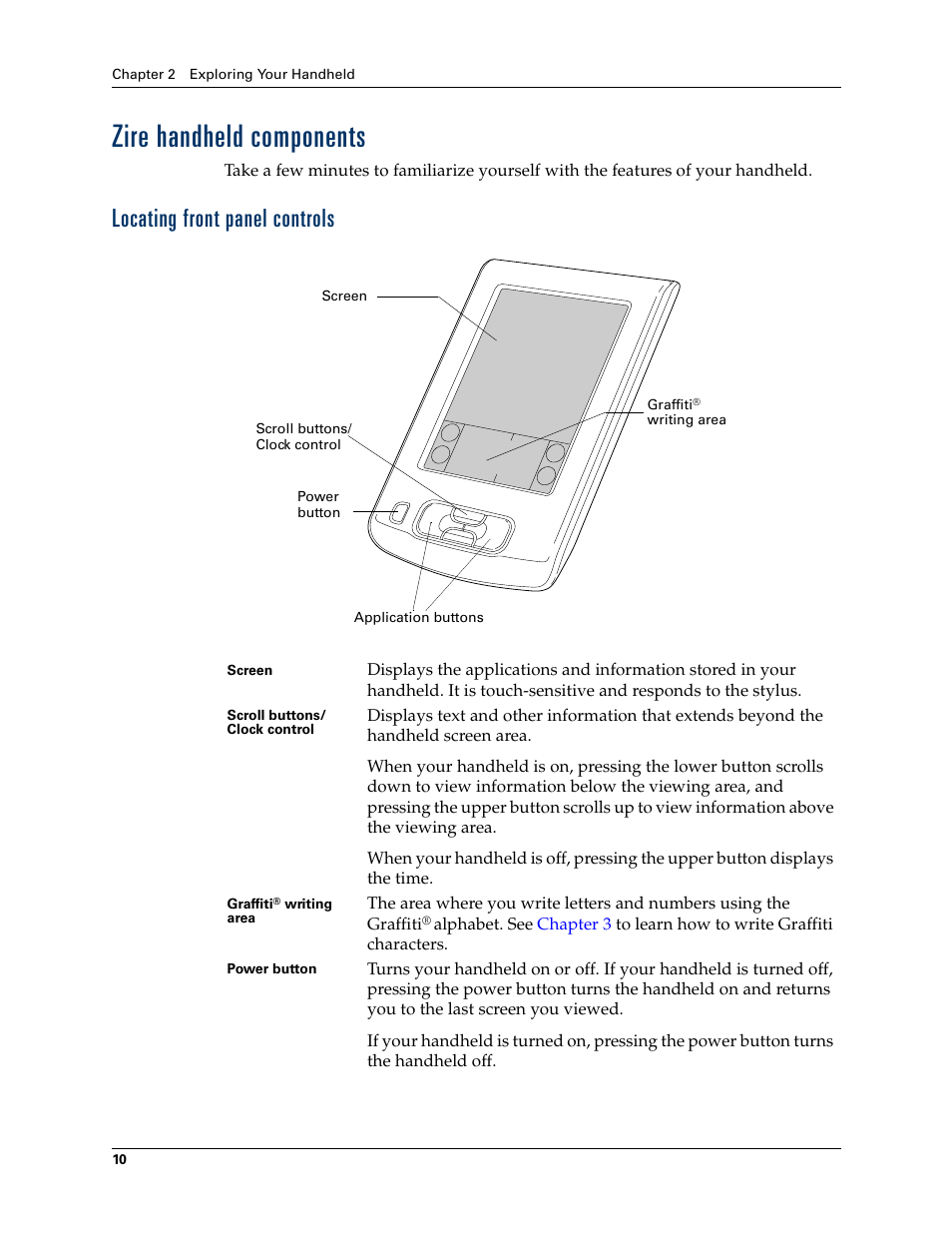 Zire handheld components, Locating front panel controls | Palm TM ZIRETM HANDHELD User Manual | Page 20 / 208