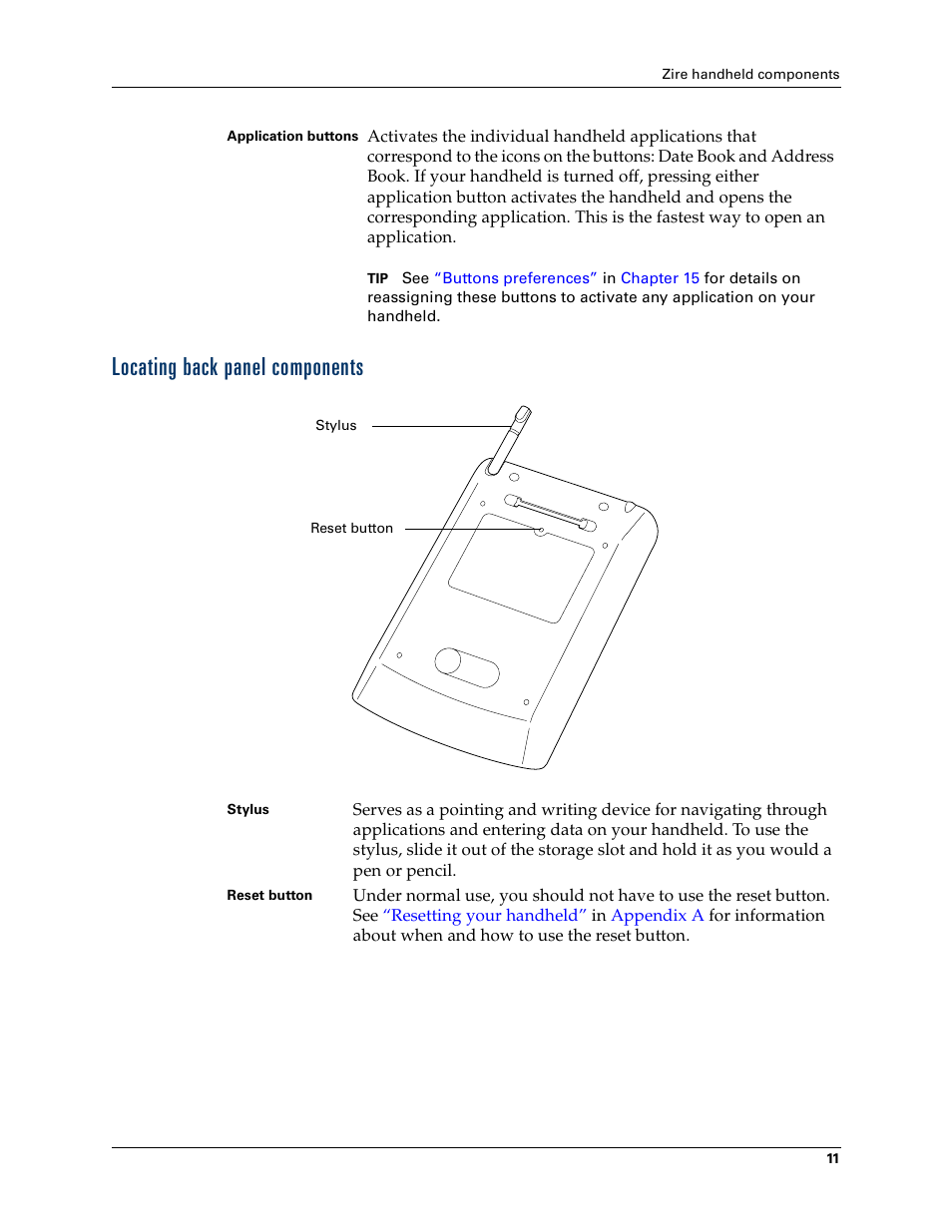 Locating back panel components | Palm TM ZIRETM HANDHELD User Manual | Page 21 / 208