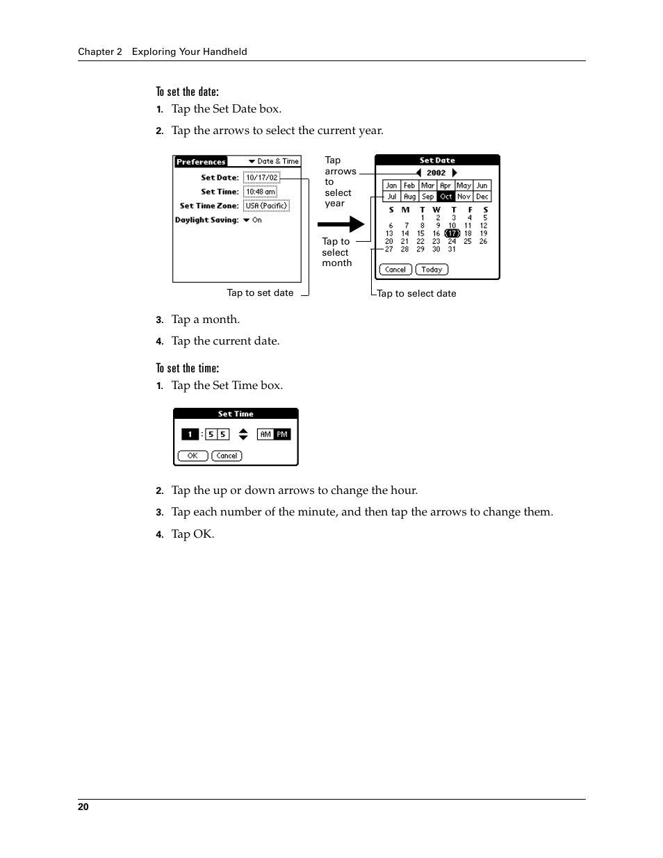 To set the date, To set the time | Palm TM ZIRETM HANDHELD User Manual | Page 30 / 208